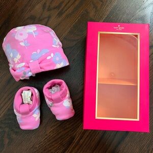 New Kate Spade Pink Floral Hat and Bootie Set, One Size